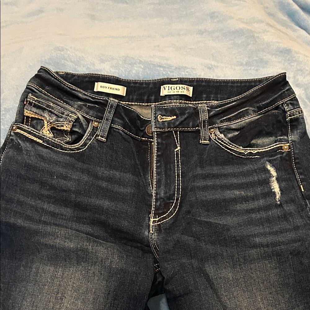 Vigoss Women's Distressed Dark Blue Boyfriend Jeans
